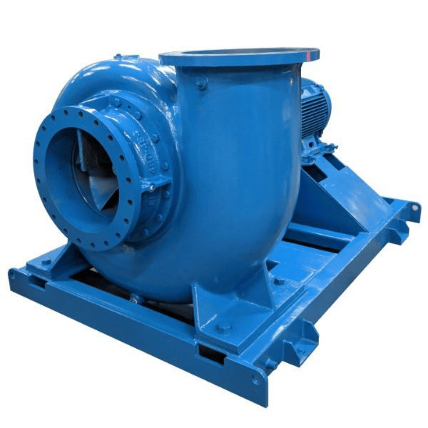 Blue painted new EMF pump with a curved pipe outlet opening upwards